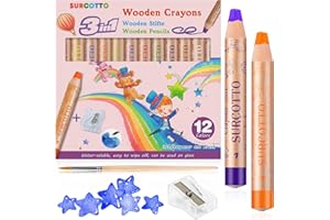 Surcotto Kredki, farby wodne i świecowe – 3 w 1 drewniane kredki – 12 sztuk w opakowaniu z 1 temperówką i 1 pędzlem – grube kredki dla dzieci, 12 kolorów