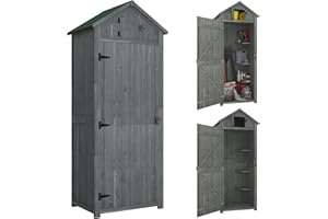 Outsunny Gartenschrank Holz, Geräteschuppen wetterfest 77x54,2x179cm, Gerätehaus mit Tür, Satteldach, Geräteschrank mit Böden, Werkzeugschrank Gartenschuppen für Garten, Terrasse, Grau+Grün