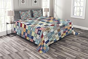 ABAKUHAUS Marokański zestaw narzuty, misterny motyw patchworkowy, zestaw z poszewkami na poduszki, nadaje się do prania, na podwójne łóżka, 264 x 220 cm, ciemnoniebieski, wielokolorowy