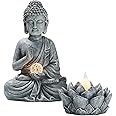 TERESA'S COLLECTIONS Garden Ornaments Outdoor, Meditating Buddha Statue with Solar Light Lotus Set of 2, Waterproof Resin Zen Ornaments, Indoor Outdoor 38CM