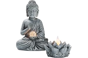 TERESA'S COLLECTIONS Dekoracja ogrodowa Budda z solarnym lotosem, zestaw 2 medytujących ozdób Buddy do użytku na zewnątrz, do ogrodu, prezent dla mamy