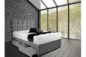 GHOST BEDS Capri Plush Divan Bed Set with 10" Orthopaedic Mattress and 24" Matching Headboard *Storage Available (Charcoal, 2 Drawers Same Side, 4ft6 Double (135 x 190 cm))