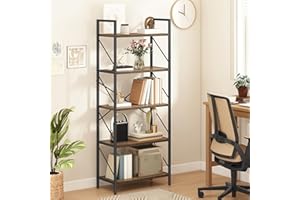 DWVO 5-stöckiges Bücherregal aus Holz und Metall, Aufbewahrungsorganizer, industrielles hohes Regal, Ausstellungsregal für Wohnzimmer, Küche, Schlafzimmer, Grau