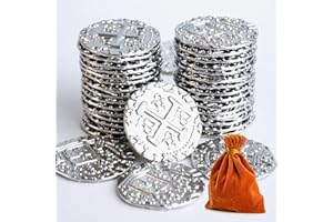 v2croft 35 Metal Pirate Coins, Silver Treasure Coin Set, Metal Replica Spanish Doubloons for Board Games Tokens, Kids Cosplay Pirate Party Treasure Chest Coin (1.18'')