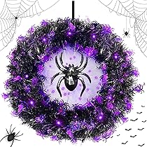 Couronne Halloween Araignée LED 39cm - Décoration Porte Effrayante Avec Lumières Violet