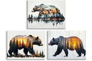 Piy Painting 3 Panels Framed Canvas Wall Art Animals and Nature Pictures for Living Room Modern Abstract Artwork Bear Forest Decorative Canvas Paintings for Bathroom Bedroom Ready to Hang(16×12inch)