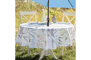 Benson Mills Spillproof Spring/Summer Fabric Outdoor Tablecloth with Umbrella Hole, Zippered Table Cloth for Round Tables, Picnic/Patio Table (70" Round with Umbrella Hole, Botanica)