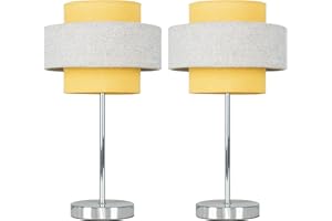 MINISUN Pair of - Modern Polished Chrome Touch Bedside Table Lamps with a Mustard & Grey Herringbone Shade - Complete with 5w LED Dimmable Bulbs [3000K Warm White]