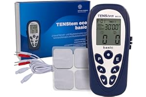 QUERALTO TENS Gerät Eco-Basics+IONTO mit LCD-Farbdisplay, 12 Programme gegen Schmerzen & Muskelverspannungen, inkl. 4 wiederverwendbaren Elektroden, tragbar, Schwarz