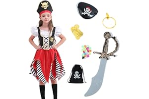 Rabtero Kinder Piraten Kostüm, Deluxe Piraten Cosplay Dress Up Set für Jungen, Luxus Piraten Prinzessin Kleid für Mädchen, Piraten Kostüm mit Zubehör für Kinder 3-10 Jahre alt