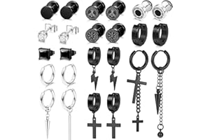 JeweBella 24 Piezas Pendientes Hombre Negro/Plata Acero inoxidable Pendientes Vikingo Ronda Negro Cuadrados Pendientes Aro con Colgante Cruz Rayo Punk Gothic Pendientes para Hombre Mujer