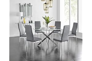 Furniturebox UK Novara Modern Stylish Large Round Chrome Metal and Clear Glass Dining Table and 4/6 Contemporary Milan Dining Chairs Set (Dining Table + Grey Milan Chairs, 6 Chairs)