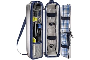 ALLCAMP Weintasche mit Kühlfach, Picknick-Set mit Zwei Geschirrsets (blau gestreift)