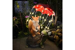 LIFEMET Solar Garden Statues - Outdoor Ornaments Squirrel Siting on Turtle Holding an Umbrella with LED String Lights Waterproof Tortoise Animal Figurine for Decoration Yard Lawn Housewarming Garden Gift