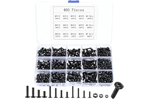 SZSLMY 480 Pcs M3 M4 M5 Assorted Bolts and Nuts Set, Machine Screws Nuts and Bolts Set, Black Flat Head Washer Head Cross Head Thread Fastener Screws Assortment Set (480)