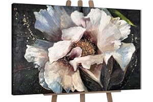 YS-Art Hand-painted acrylic painting Peonies II Wall art with flowers Modern abstraction artwork in dark green gold color 48x32 inch