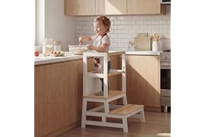 Spielwerk® Lernturm ab 2 Jahren Kinder mit Tafel Montessori 93cm Hoch Learning Tower 100kg Belastbar Trittschemel Kiefer Lernstuhl Küche Weiß Holz
