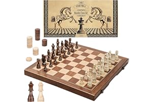 FREYBLI Magnetyczna drewniana szachownica dla dorosłych i dzieci, ręcznie wykonana, 38 cm, szachy i warkaby, składana, podróżna, unikalna gra dla początkujących, 2 dodatkowe królowe