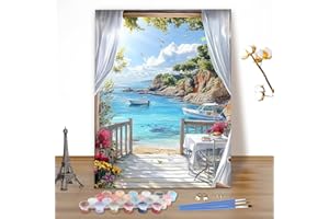 MEIYUDA Dipingere con i Numeri Adulti Vista Mare, Paesaggio Kit di Pittura a Olio su Tela Fai-da-Te con Pennelli Pittura a Pigmento Acrilico Disegno, Decora la Casa Regalo 40x50cm(Senza Cornice)