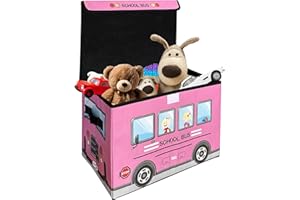 MISHMASH Foldable Kids Toy Storage Box With Lid – Collapsible Fabric Storage Box – School Bus Design – For Children/Toddler/Baby – Multipurpose Storage Chest For Toys, Books, Games (Pretty Pink)