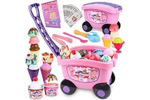 Magic4U Ice Cream Cart Toys for Kids, 48 PCS Ice Cream Shop Pretend Play Set with Scoops and Toppings, Role Play Food Kitchen Toddler Toys, Gifts for 3 4 5 6 Years Old Girls