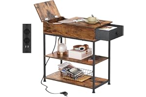 ‎WLIVE WLIVE Beistelltisch Schmal, 3 Ablagen Nachttisch mit Ladestation und Ablagefläche, Flip-Top Sofatisch für Wohnzimmer Schlafzimmer, küche, Retro Braun