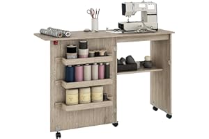 HOMCOM Table de Couture Pliante Meuble Couture à abattant avec bacs de Rangement, étagère Ouverte et roulettes, Meuble pour Machine à Coudre, pour Salon, Bureau, 117 x 40 x 77,5 cm, Effet Bois grisé