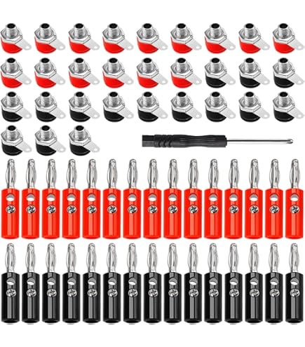 10 stuks banaanstekkers 4 mm 32 A hoge stroom banaanstekkers bananenstekker bananenstekker snelaansluiting adapter soldeervrij volledig geïsoleerde banaanbus voor versterker, luidsprekerkabel, rood en