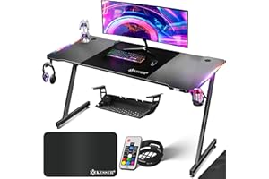 ‎KESSER KESSER® Gaming Tisch LED 180cm x 80cm | Z-Form Gamer Schreibtisch | Kopfhörerhaken & Kohlebeschichtung | Ergonomischer PC Computertisch | Stabiler Tisch mit Getränkehalter Schwarz