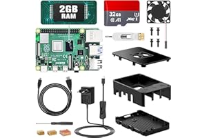 Beumons Raspberry Pi 4 Modèle B, 2G RAM+32G Carte Mémoire, Starter Kit Complet: Carte Mère, Alimentation avec Interrupteur, Câble HDMI Boîtier Noir, Dissipateur, Ventilateur, Raspberry Pi 4