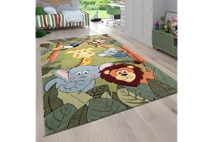 ‎PACO HOME Paco Home Kinderzimmer Kinderteppich für Jungen mit Tier u. Dschungel Motiven Kurzflor, Grösse:120 cm Rund, Farbe:Grün