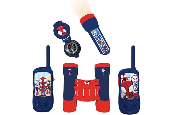 Lexibook, Spidey et Ses Amis extraordinaires, Set d’aventurier Complet pour Enfant, Talkie-Walkies 120m, Jumelles, Lampe-Torche, Boussole, Rouge/Bleu, RPTW11SP