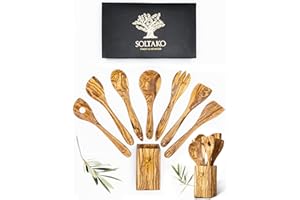 SOLTAKO Utensilios de cocina con soporte, juego de 7 cucharas de cocina, espátulas, paletas, cucharas, servidor de ensalada de madera de olivo crudo, 30cm