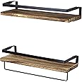 Peter's Goods Rustic Brown with Black Floating Shelves for Bathroom - Wall Mounted Shelves for Bedroom, Living Room, Kitchen Wall Shelves – Solid Wooden Shelves, Set of 2 Floating Shelves with Rail