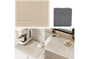 Dish Drying Mat with Cleaning Cloth, Water Absorbing Kitchen Drying Mat with Anti-Slip Backing, Modern Concentric Pattern for Cups, Utensils, Plates & Coffee Machine