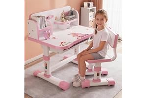 Luojuny Kinder Tisch Stuhl Set, Kinderschreibtisch Höhenverstellbar,Schreibtisch Kinders Mädchen Mädchen & Jungs,Karikatur kinders Schreibtisch, Kinderschreibtisch Mit Stuhl und Schublade (Rosa)