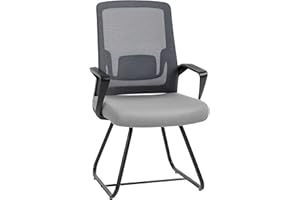 HOMCOM Desk Chair No Wheels, Meeting Office Chair with Mesh Back, Lumbar Support, Metal Base and Armrests for Reception, Waiting Room, Conference Room, Dark Grey