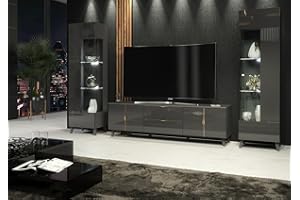 Furneo Azzurro 10/12G – Grey Living Room Set with TV Stand and Display Cabinets, High Gloss & Matt Finish, White LED Lights