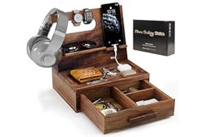 SEMIOCTHOME Semiochome Birthday Gifts for Men Who Have Everything Dad Gifts from Daughter or Son Gift Ideas for Father Husband Boyfriend Walnut Wood Phone Docking Station with Drawer Bedside Table Desk Organiser