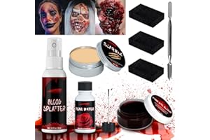POWZOO Maquillage Halloween Effets Spéciaux,Faux Sang en Spray+Cire De Cicatrice+Faux Gel Coagulé+Eau Cicatrice+Éponge+Grattoir,pour Halloween Decoration,Vampire Plaies Cicatrice,Cosplay et Fêtes.