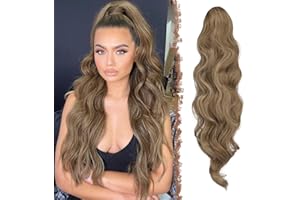 FESHFEN Pferdeschwanz Haarteil Haarverlängerung mit Kordelzug Pferdeschwanz Verlängerung Synthetik Wellig Locken Haarteil Ponytail Extension für Frauen 60cm, Karamellbraun Gemischt Aschblond