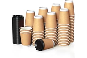 CUPCUP 100 Kraft Plane Double Paroi Gobelets Carton pour Café à Emporter - Tasse Café 360ml avec Couvercles pour Servir Le Café, Le Thé, des Boissons Chaudes et Froides