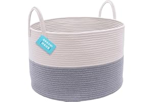 OrganiHaus Cestino Portaoggetti in Tessuto Bianco, Cesto Portabiancheria Grande, Cesto Biancheria, Cesta Porta Giochi in Corda di Cotone con Manici, Cesta Portabiancheria. Grigio/Bianco (50x33cm)