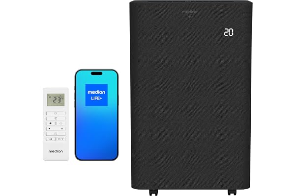 MEDION Climatiseur Mobile Intelligent avec tuyau d’évacuation P1402 (14000 BTU, mobile, incl. kit fenêtre, jusqu’à 50m², 3en1 refroidir déshumidifier ventiler, contrôle via application et commande voc