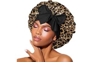 BONNET QUEEN Gorros de Satén de Dormir para Señora de Cabello Rizado Largos Naturales, Gorros de Seda con Banda Ancha para Atar para Ella, Patrón de Leopardo