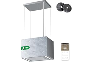 Ciarra Pinnacle CBCW4850 Campana Isla Cocina 650m³/ h Clase A+++ 48cm sin Salida de Humos Control Táctil y Wifi con Filtro Carbono- Mármol Blanco - Vidrio Esmerilado