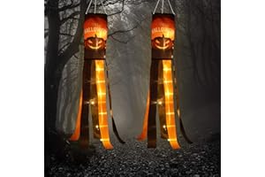 Frienda 2 Pack Halloween Pumpkin Windsock Flag with Warm Yellow LED Lights Outdoor Happy Halloween Hanging Decor for Yard Patio Garden Pathway Party Decoration