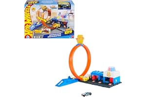 Hot Wheels Coffret Super Poste de Police Hot Wheels City avec véhicule en métal à l’échelle 1/64, Un looping réglable pour Varier Les Courses et Les Cascades, JBM71