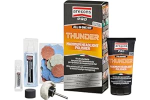 Arexons Car Care Pro THUNDER - Kit Ultra Lucidante Rinnova Fanali, Ripristina la Trasparenza dei Fari, Pasta alle Nano Ceramiche, Lubrificante, Liquido Lucidante e Carte Abrasive