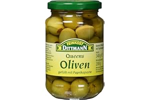 Feinkost Dittmann Queens-Oliven gefüllt mit Paprikapaste Glas, 3er Pack (3 x 340 g)